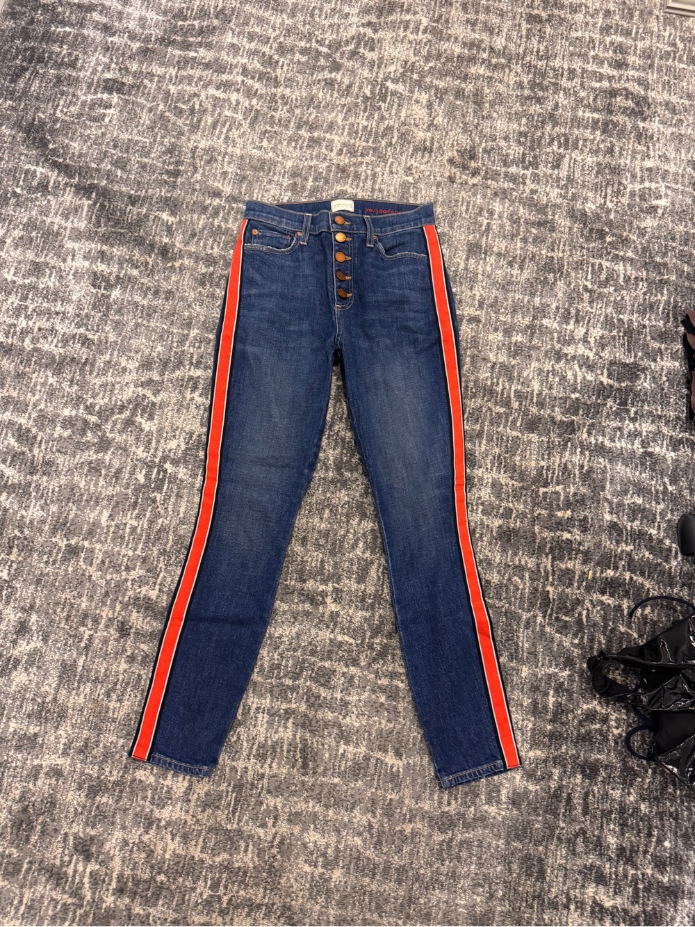 Alice + Olivia Dark Blue Skinny Jeans with Red Side Stripes